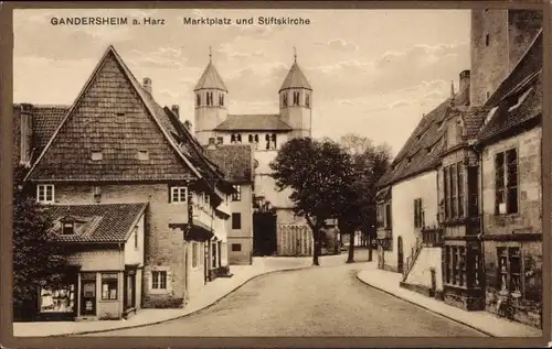 Ak Bad Gandersheim am Harz, Marktplatz mit Stiftskirche