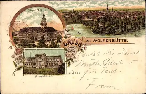 Litho Wolfenbüttel in Niedersachsen, Totale, Schloss, Bibliothek