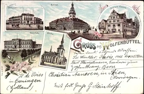 Litho Wolfenbüttel in Niedersachsen, Seminar, Schloss, Artillerie Kaserne, Kirche, Bibliothek