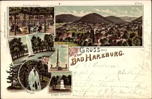 Litho Bad Harzburg am Harz, Hotel Restaurant Burgkeller, Siegesdenkmal, Bismarckdenkmal, Radaufall