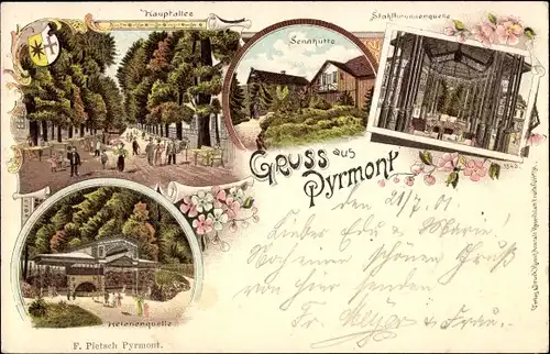 Litho Bad Pyrmont in Niedersachsen, Hauptallee, Sennhütte, Stahlbrunnenquelle, Helenenquelle