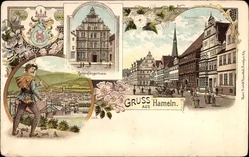 Wappen Litho Hameln in Niedersachsen, Rattenfängerhaus, Osterstraße