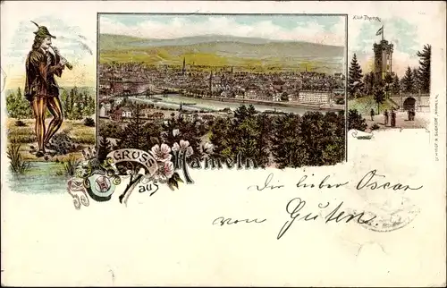 Litho Hameln in Niedersachsen, Gesamtansicht, Turm, Rattenfänger von Hameln