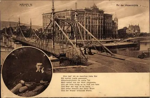 Ak Hameln in Niedersachsen, Partie an der Weserbrücke, Gedicht, Mann am Ufer