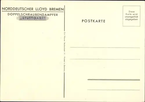 Künstler Ak Doppelschraubendampfer Stuttgart, Norddeutscher Lloyd Bremen