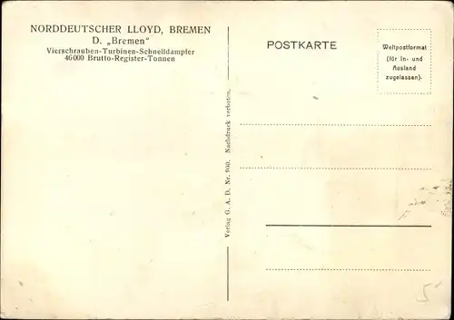 Ak Vierschrauben Turbinen Schnelldampfer Bremen, Norddeutscher Lloyd