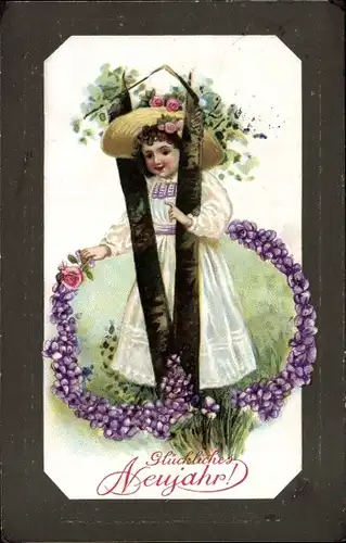 Präge Litho Glückwunsch Neujahr, Mädchen, Blumenkranz