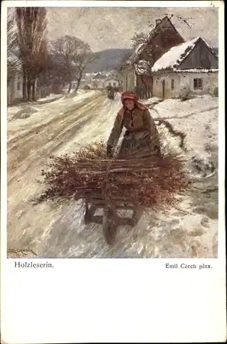 Künstler Ak Czech, Emil, Holzleserin, Winter, Brennholz, BKWI 1111