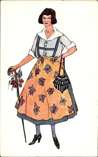 Ak Alpenländisches Dirndlkostüm, Frau in Tracht, Gehstock