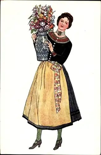 Ak Alpenländisches Dirndlkostüm, Frau in Tracht, Blumenvase, Blumen