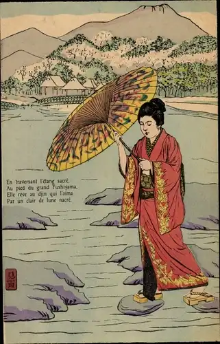 Ak Japan, Japanerin überquert einen Fluss, Kimono