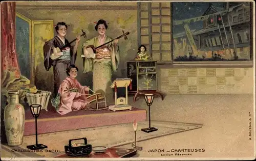 Litho Japan, Chanteuses, Frauen in japanischen Volkstrachten, Kimonos, Musikinstrumente