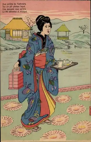 Ak Japan, Japanerin im Kimono mit Teeservice