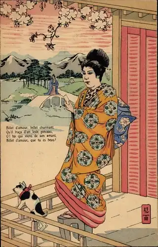 Ak Japan, Japanerin im Kimono liest einen Brief