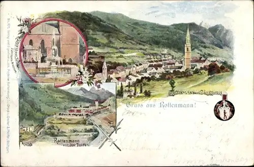 Künstler Ak Rottenmann Steiermark, Historisches Bild der Stadt, Jubiläums Brunnen, Wappen