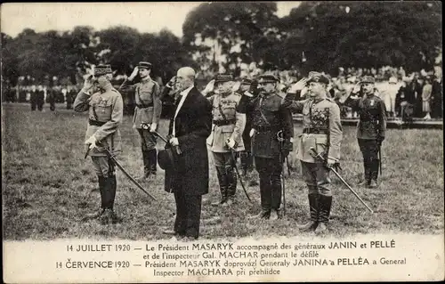 Ak Tomáš Garrigue Masaryk, Generäle Janin und Pelle, während der Parade, 14. Juli 1920