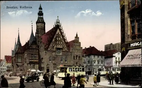 Ak Wrocław Breslau Schlesien, Rathaus, Straßenbahn