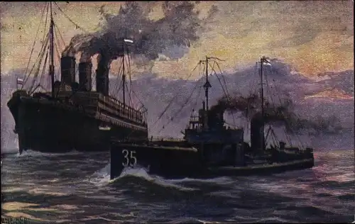 Künstler Ak Schulze, Deutsches Torpedoboot kapert russischen Hilfskreuzer im Finnischen Meerbusen