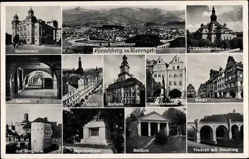 Ak Jelenia Góra Hirschberg Riesengebirge Schlesien, Gnadenkirche, Viadukt, Rathaus, Burgturm