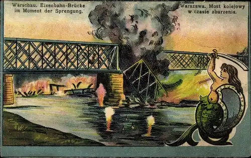 Künstler Ak Warszawa Warschau Polen, Eisenbahnbrücke im Moment der Sprengung