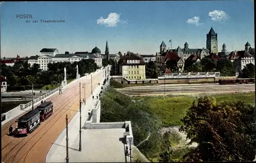 Ak Poznań Posen, An der Theaterbrücke, Straßenbahn