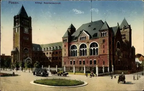 Ak Poznań Posen, Königliches Residenzschloss, Straßenbahn