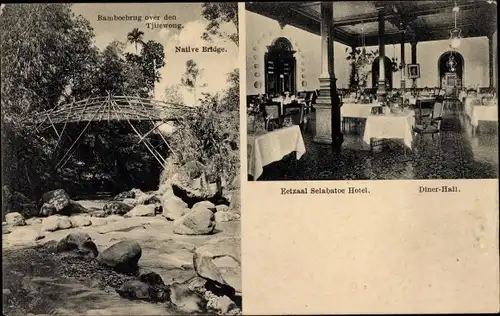 Ak Soekaboemi Indonesien, Bamboebrug over den Tjilewong, Eetzaal Selabatoe Hotel