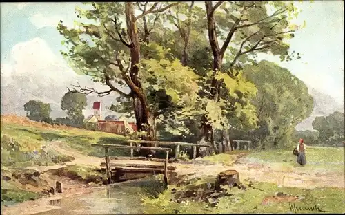 Künstler Ak Frühlingslandschaft, Steg über einen Bach