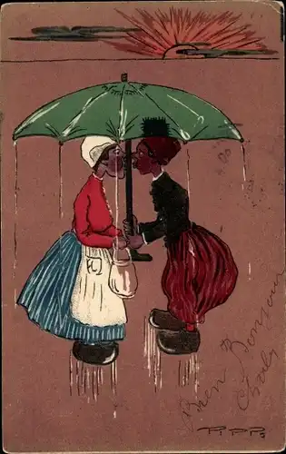 Künstler Präge Ak Paar in niederländischen Trachten, küssend unter dem Regenschirm