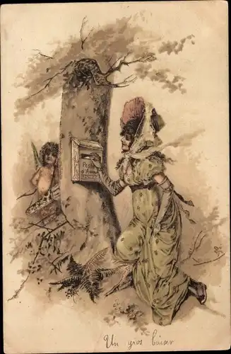 Litho Frau wirft Brief in Briefkasten, Amor