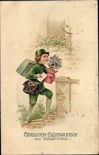 Litho Glückwunsch Geburtstag, Postbote mit Blumentopf