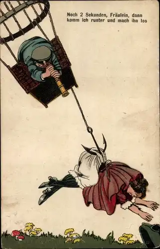 Künstler Ak Noch 2 Sekunden Fräulein, dann komm ich runter, Ballon, Frau am Anker
