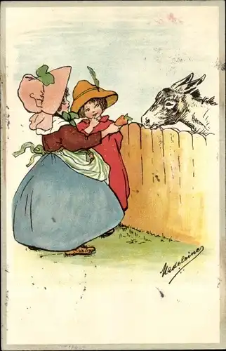 Künstler Ak Madeleine, Mädchen füttern einen Esel
