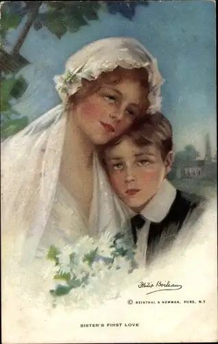 Künstler Ak Boileau, P., Sister's first Love, Junge Frau in Hochzeitskleidung und ihr Bruder