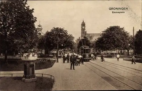 Ak Groningen Niederlande, Emmaplein, Straßenbahn