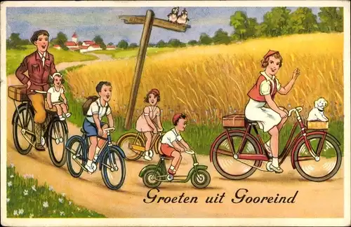 Ak Gooreind Wuustwezel Flandern Antwerpen, Familie auf Fahrrädern