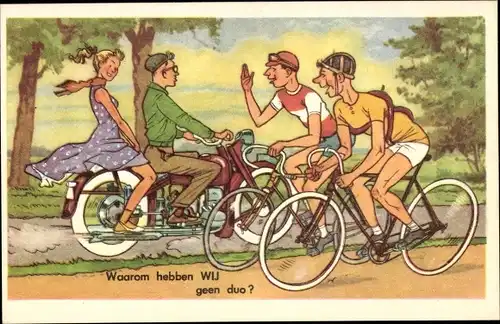 Ak Radfahrer, Paar auf einem Motorrad