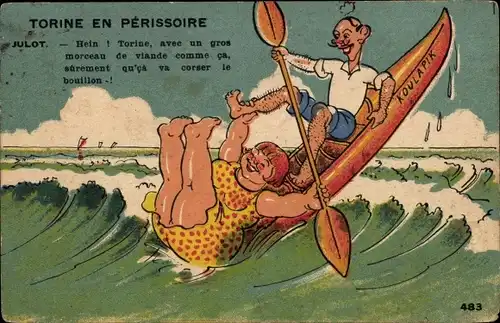 Künstler Ak Dünner Mann und dicke Frau in einem Kajak