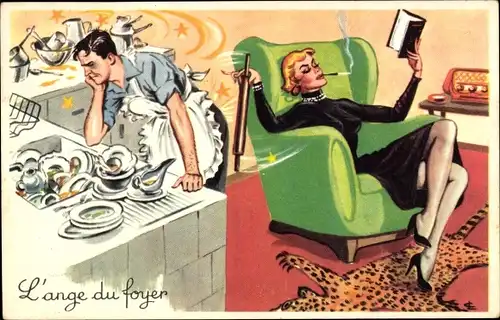 Ak Rauchende Frau liest ein Buch, Mann macht die Hausarbeit