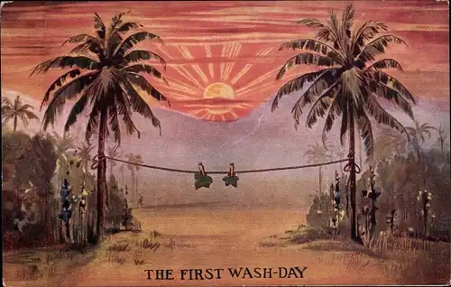 Ak The first wash day, Feigenblätter von Adam und Eva hängen auf der Wäscheleine