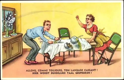 Ak Wütende Ehefrau wirft Geschirr