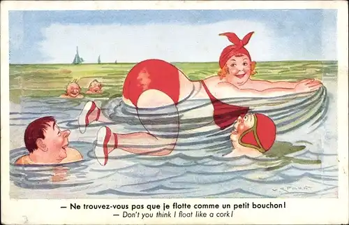 Künstler Ak Ich schwebe wie ein kleiner Korken, Dicke Frau im Bikini
