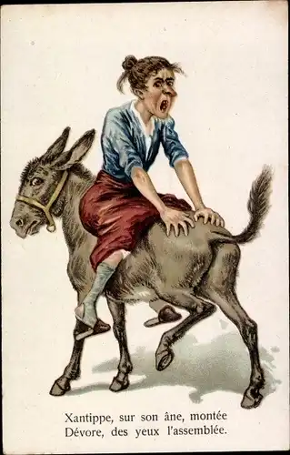 Künstler Ak Xantippe, sur son ane, monte, devore, des yeux l&#39;assemblee, Frau auf einem Esel