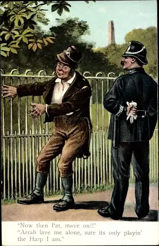 Künstler Ak Irland, Now then Pat, move on, betrunkener Mann, Polizist