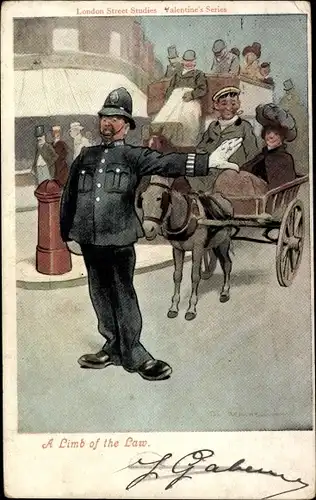 Künstler Ak London City, Verkehrspolizist, Eselkarren