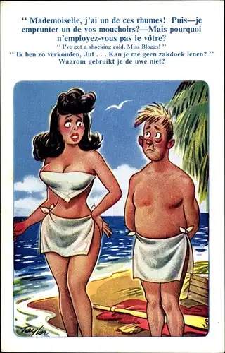 Künstler Ak Taylor, Mann mit Schnupfen will sich Tuch einer großbusigen Frau leihen