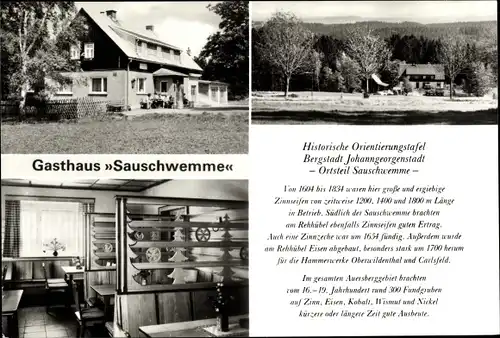 Ak Sauschwemme Johanngeorgenstadt im Erzgebirge, Gasthaus Sauschwemme, Gastraum, Außenansichten