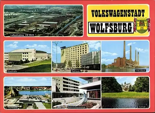 Ak Wolfsburg in Niedersachsen, Stadtwappen, VW Werk, Fliegeraufnahme, Stadthalle, Rathaus, Schloss