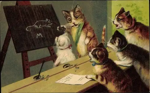 Künstler Ak Vermenschlichte Katzen in der Schule, Feder, Tinte, Tafel