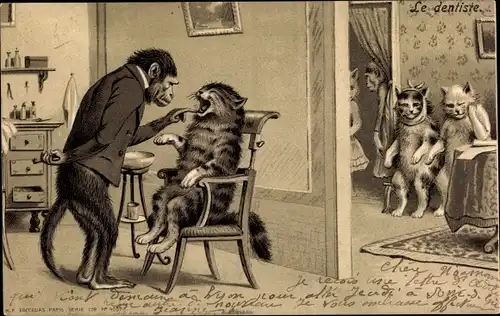 Präge Litho Le dentiste, Affe als Zahnarzt, Hauskatzen, vermenschlichte Tiere, Schimpanse